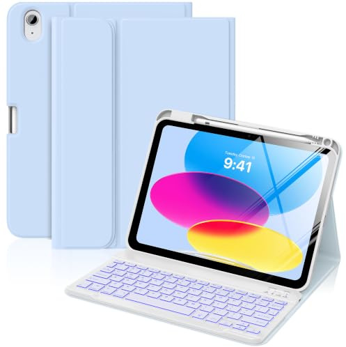MoKo for iPad (A16) 11th/10th Gen Case with Backlit Keyboard, Sky Blue | for iPad 11 inch 2025 10.9 inch 2022 Case with Pencil Holder, Detachable Bluetooth Keyboard, Auto Wake Sleep