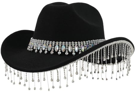 DaPongZhi Chapeau De Cowboy Femme élégant Chapeau Western avec De Grandes Franges Rondes en Précieuses Et des Décorations en Strass, Chapeaux de Jazz pour Les Carnaval et Fête à Thème