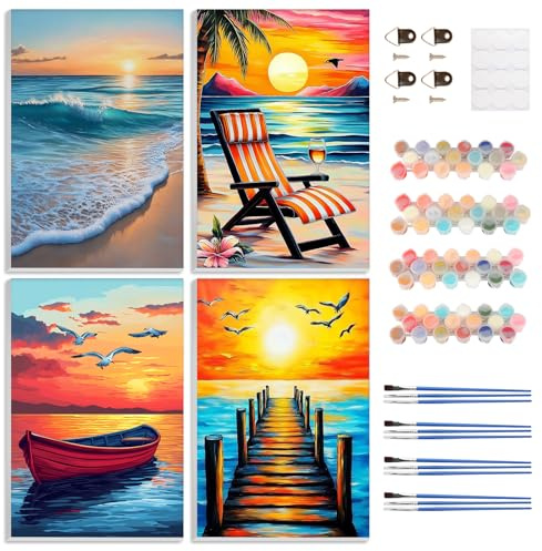 DOMROM Plage Peinture Numero Adulte, Océan Lot de 4 Kits Peinture par Numéros avec Cadre, DIY Peinture Acrylique Coloriage Par Numero Paint by Numbers pour la Décoration de la Maison 20x30cm