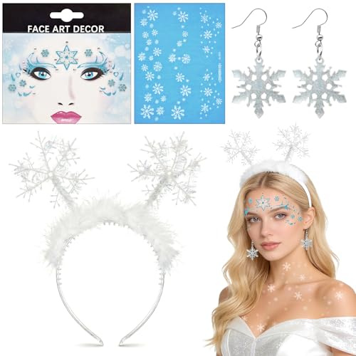 OPEIXSAYKOC Schneeflocke Kostüm Accessoires 7 Stück, Schneeflocken Haarreif, Ohrringe, Schneeflocke Temporäre Tattoos, Gesichtstattoo, für Fasching Karneval Mottoparty Cospaly