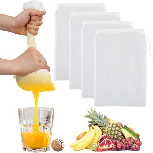 COYUN 4Pcs Garza Alimentare, Sacchetto Filtro in Tessuto di Nylon con Coulisse Riutilizzabili e Lavabili, Setaccio per Latte di Mandorle, Succhi, Produzione di Formaggio, Caffè(20×30cm)