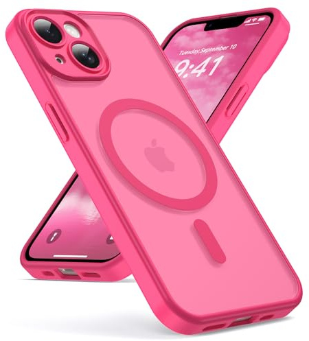 Oududianzi - Magnétique Coque pour iPhone 13 Magsafe Case, Rose Rouge | Housse de Arrière Translucide Givrée PC, TPU Silicone Bumper Étui Protection Antichoc Militaire Anti-Empreintes