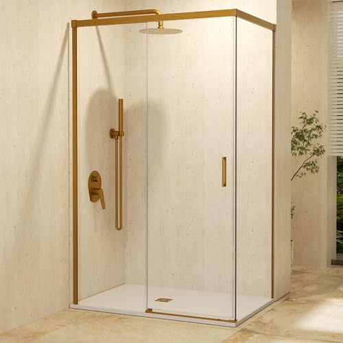 IMEX - Mampara Ducha 2 Fijas + 1 Corredera 100x75cm Oro Cepillado | Mampara Angular con Cristal Reversible y Perfilería de Aluminio con 195cm de Altura | Vidrio con Grosor 6mm y Cierre Magnético