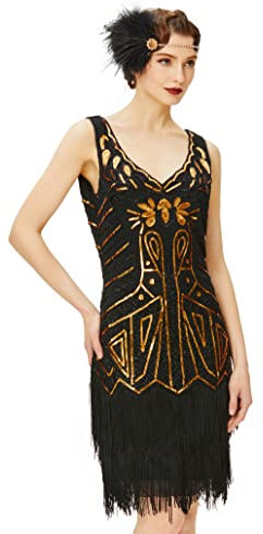 BABEYOND Vestito Gatsby Donne 1920s Vestito Abito Anni 20 Donna Flapper Dress 1920s Vestito da Sera Paillette Impreziosito Frange Gatsby Dress Senza Maniche (Oro Nero 1, S)