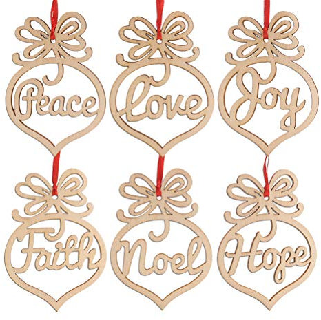 Healifty 6pcs Wooden Christmas Tree Decorations Ornaments Hanging Hollow out Heart Peace Love Joy Faith Noel Hope Christmas Craft Embellishments