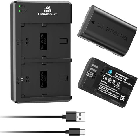 Homesuit LP-E6 LP-E6N Battery 2200mAh and Dual LED USB Charger Set Compatible with Canon 5D Mark II/III/IV, 5Ds, 5Ds R, 6D, 6D Mark II, 7D, 7D Mark II, 70D, 80D, 90D, XC10, XC15 Cameras (2-Pack)