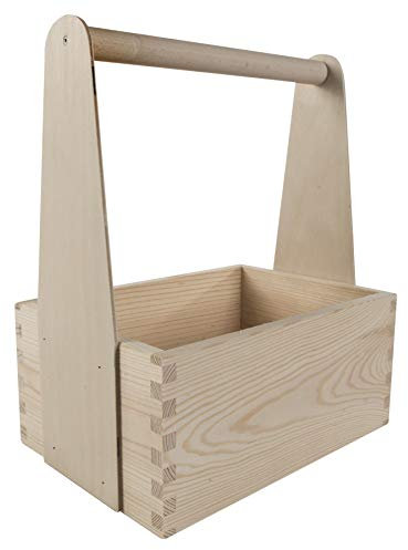 WooDeeDoo Medium Wooden Trug Caddy with Handle – Rustic Pine Storage Box for Crafts Kitchen Tools Garden Supplies or Decorative Use – Tall Upright Tote Tray – 25 x 17 x 30 cm