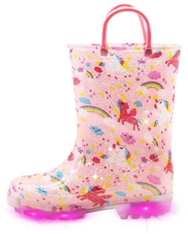 EUXTERPA Stivali di gomma per bambini e bambine lampeggianti, con glitter, impermeabili, con manico facile da indossare, taglia 36-44, Unicorno rosa , 23 EU