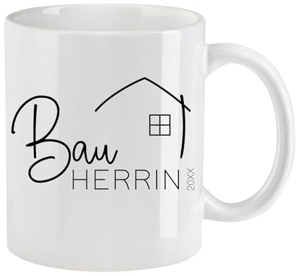 Personalisierte Keramik Tasse | für den Hausbau mit Jahreszahl | Bauherrin 3 | Tasse ist der Hingucker auf der Baustelle | Geschenk zum Richtfest für Frauen | Henkel + Innen weiß