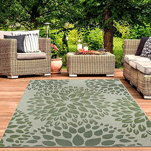 VIMODA In- und Outdoor Flachgewebe Terrassen & Balkon Küche Teppich Blumen Design Grün, Maße:160x220 cm
