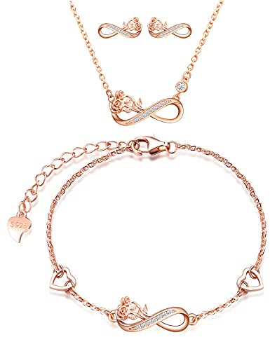 INFINIONLY Women's Necklace Bracelet and Earrings, 925 silver Jewelry Sets, infinity symbol necklace bracelet studs, infinity symbol jewelry sets decorative with rose flower, Inlaid Zircon, rose gold
