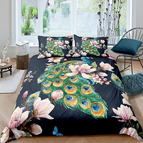 RFFLUX 3D Pfau Blumen Kunst Bettwäsche Set 135x200 cm 2teilig mit Reißverschluss Weiche und Angenehme Schlafkomfort Microfaser Bettbezug Kinderbettwäsche mit Kissenbezug 80x80 cm