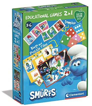 Clementoni Educational Games-2 in 1 The Smurfs-Gioco Educativo 3 Anni (Italiano, Inglese, Francese, Tedesco, Spagnolo, Olandese E Polacco), Made in Italy, 18285, Esclusivo Amazon