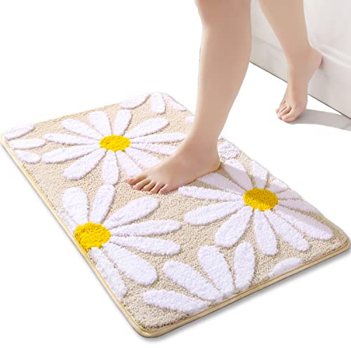 QJHOMO Beige Bathroom Rugs Cute Daisy Bath Mat White and Yellow Flower Decor Rug Non Slip Floor Carpet Microfiber Bathmat Super Absorbent Machine Washable Bathtub Mats for Shower (16x24 inch)