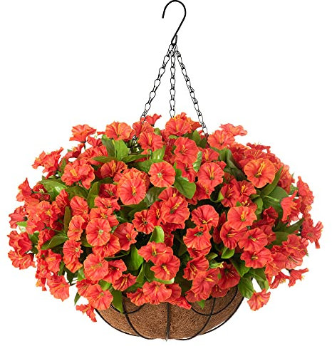 Ammyoo Künstliche Hängeblumen im Korb, künstliche Petunien, Blumenarrangement, 30.5 cm, Kokosnuss-Futterkorb mit morgendlichen Glorien, Veranda, Deck-Dekoration (orange)