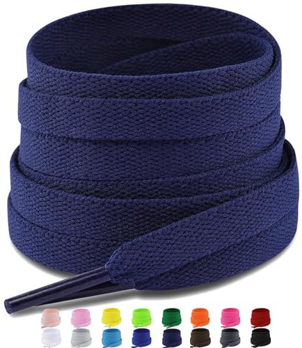 Puzeam 2 pares Cordones Planos,16 colores, 8mm anchos cordones de zapatos de para zapatillas deportivo,cordón Reemplazo planos - Navy Blue 140