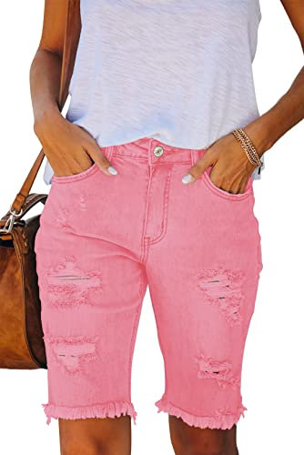 Ancapelion Pantaloncini casual da donna in denim a vita media, bermuda, pantaloncini con orlo grezzo, jeans strappati con tasche, Ber-rosa, S