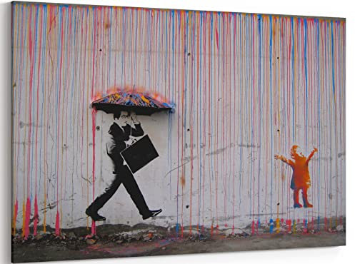 Banksy-Graffiti-Leinwand-Wandkunst, gerahmt, bunter Regen, Graffiti-Poster, Drucke, Straße, Graffiti, Kunstwerk, buntes Gemälde für Schlafzimmer, Wohnzimmer, Dekoration – 30,5 x 45,7 cm