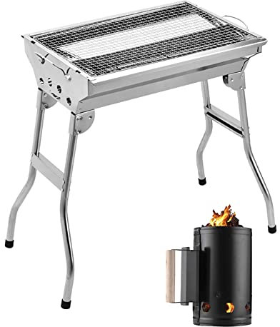 PJDDP Edelstahl Holzkohlegrill Tragbarer Klappbarer Campinggrill & Anzündkamin Kohlestarter, Abnehmbare BBQ Grills für Outdoor Picknick, Garten, Camping und Party, 48x33.5x57cm