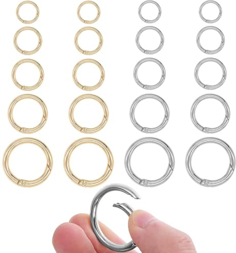 ChAusa 20 Stück Karabiner Rund Set 11/13/17/20/25 mm Mit Feder O Ringen | Gold Silber Federspaltringe für Schlüssel, Rucksack Anhänger, Geldbörsen, Handtasche und DIY Handwerk