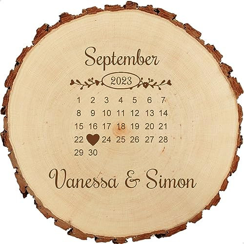Baumscheibe 23cm mit Gravur (Name/Datum) personalisiertes Deko Holzschild Geschenk-Idee zur Hochzeit Jahrestag Jubiläum Valentinstag, Motiv H8 Kalender