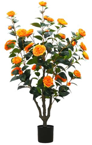 Olrla Camélia Artificiel 40'' Plante Florale Artificielle en Pot avec Fleurs Orange et Feuilles Vertes pour décoration intérieure et extérieure