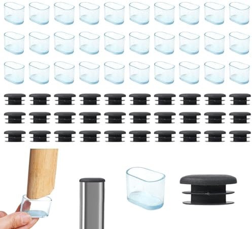 60 Pcs Chair Leg Floor Protectors, Transparent Silicone Chair Leg Caps, Oval Plastic End Caps, 2 Types of Chair Leg Protectors for Chairs, Desks, Tube Protectors, Furniture Feet (15mm x 30mm)