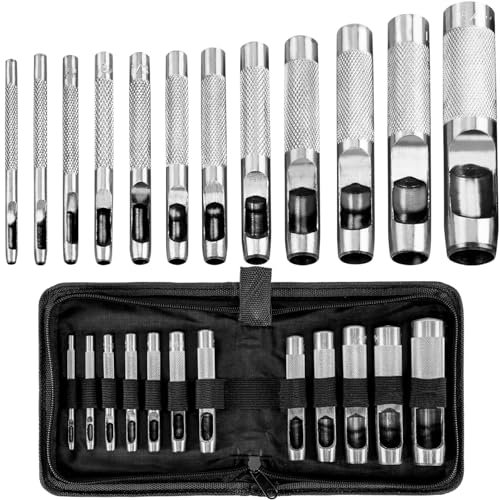 Juego de sacabocados, punzonador, 12 punzones de acero, juego de cuero de 1/8 '' - 3/4 '' (3-19 mm), juego de sacabocados para cuero, correa de reloj, cinturón de junta, zapato, tela, ropa de lona con