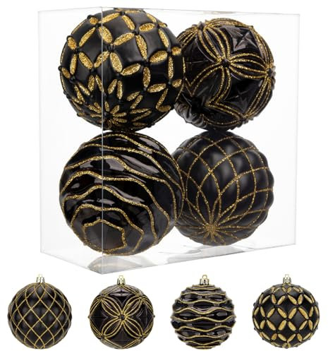 Ø10cm 4er-Set Weihnachtskugeln Christbaumschmuck Große Weihnachtskugeln Kunststoff Weihnachtsdeko Weihnachtsbaum Dekoration Set für Weihnachtsbaum Christbaumkugeln, Schwarz