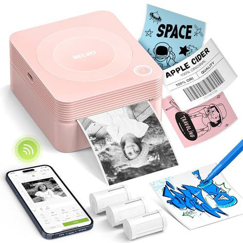 Nelko Aufkleber Drucker, PM230 Mini Drucker Bluetooth Portabel Sticker Maker mit 3 Rollen Papier, für DIY Erstellung, Studiennotizen, Bilder, Quittungen, Mehrere Vorlagen für Telefon (Rosa)