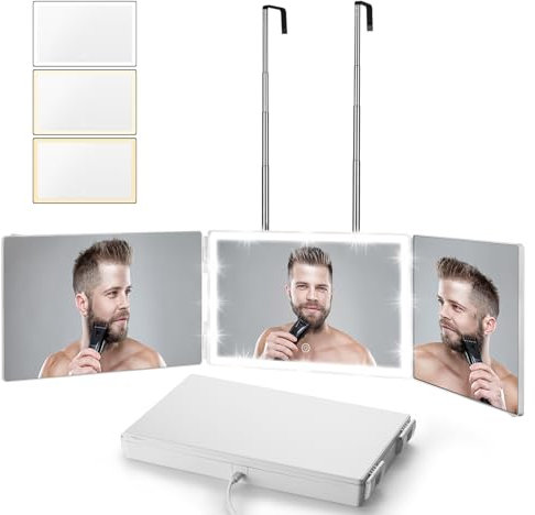 Vanexiss Wiederaufladbarer 3-Wege-Spiegel zum Haarschneiden, Echtglas, verstellbarer dreifach faltbarer Spiegel mit 3 Farbtemperaturen, LED-Licht und Teleskophaken für Make-up, Rasieren und Stylen