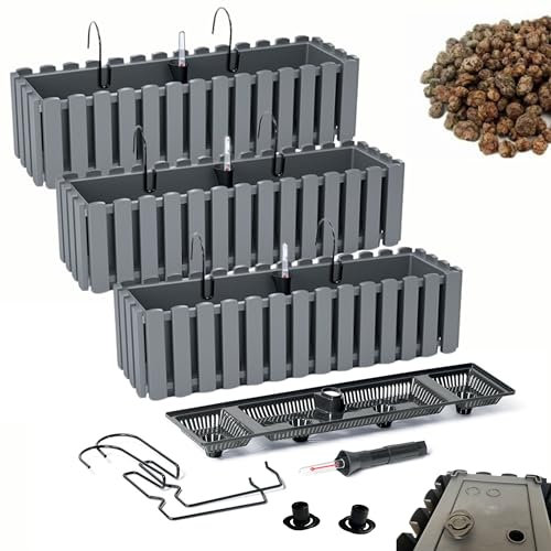 DIKEL Fioriera Set 3 X 58x18x16,5 cm da balcone con sistema di irrigazione e tappi di drenaggio | Vaso per giardino moderno, protegge le radici e previene il ristagno d'acqua | Grigio pietra