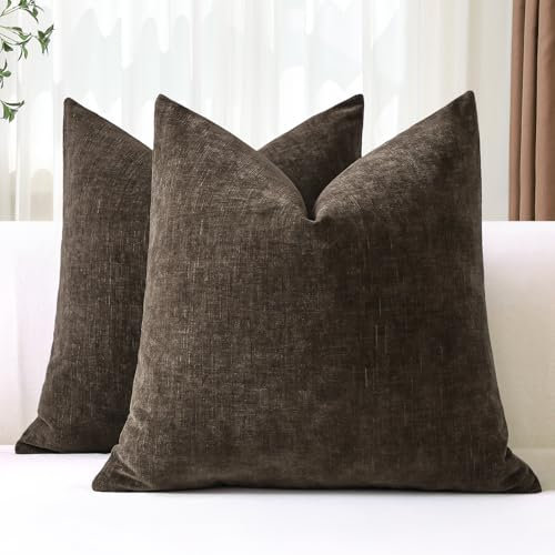 JOTOM 2er Set Chenille Kissenbezüge, Dekorative Weich Einfarbig Wurf Kissenbezug Moderne Kissenhüllen Sofakissen Dekokissen Zierkissenbezug für Wohnzimmer Schlafzimmer Deko (50x50cm, Braun)