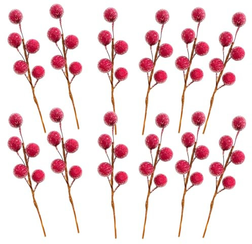Christmas Frosted Berry,12 Pack Christmas Holly Berries Mini Christmas Berry Artificial Red Berry Stems for Wreath Garland Making Frosted Fruit Berry Flower Decor for Christmas Tree Table Decoration