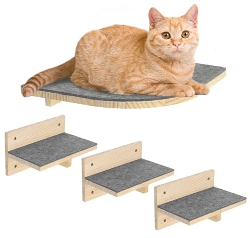 Pawtasy Kletterwand Katzen Katzentreppe Wand 4er-Set Katzen Kletterwand Set Stabiler Katzenwand Naturholz Katzenleiter Katzenwandparkour Bis zu 9.5KG