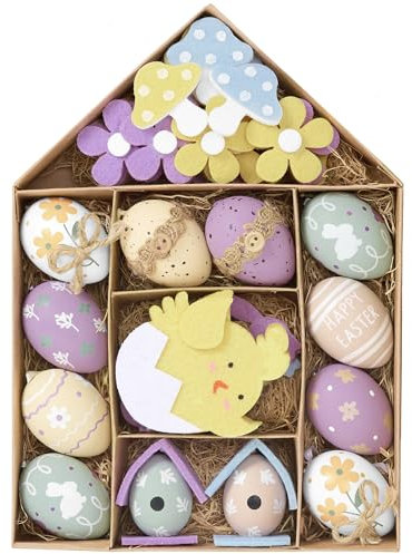 Valery Madelyn 40er Ostereier zum Aufhängen für Osterdeko,Modern künstliche Ostereier für Ostern Deko,Violett Gelbe Osterschmuck Filzküken Blumen für osterstrauch Frühlingsdeko,Ostern Geschenke (L)