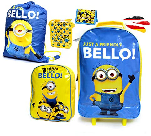5-teiliges Minions Kinder Koffer-set, Hochwertiges Reisegepäck und Taschen, Minion-Motiv, Trolley, Schulranzen, Turnbeutel, Umhängetasche, Portemonnaie, Geldbörse für Sport, Urlaub und Schulausflüge