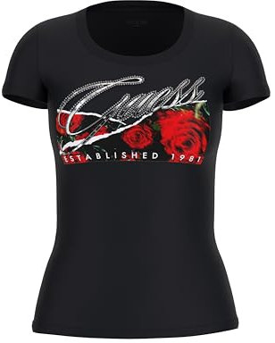 GUESS T-shirt da donna Eco a maniche corte con stampa rose, Bianco puro., XL