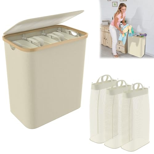 YRHome Panier à Linge avec Couvercle - 140 l - 3 Compartiments avec Poignées pour Chambre à Coucher - Beige