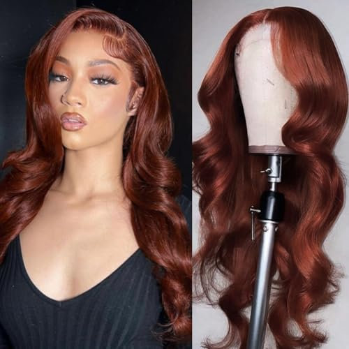 DÉBUT Rötlichbraune Body Wave Lace Front Perücke Echthaar 4×4 Lace Front Perücken für Frauen HD Lace Front Perücke Echthaar 180% Dichte Vorgezupft mit Babyhaar Kleberlose Perücken(70 cm, 33A)