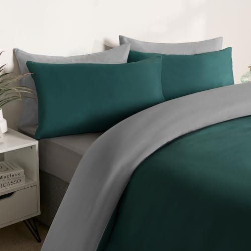 Brentfords Double Bed Duvet Cover Reversible, Microfibre Duvet Quilt Covers Bedding Set with Pillowcases Microfibre Quilt Cover Luxury Super Soft Comfy, Teal/Grey