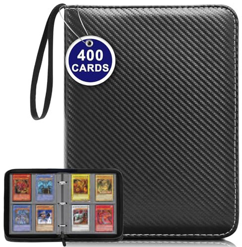 Trading Card Binder 4 Pocket, Zipper Card Binder 400 Cards, PU Leather Trading Card Album, Waterproof Collectors Card Album, Portable Collectors Card Album for Board, Sport and Game Cards, Black