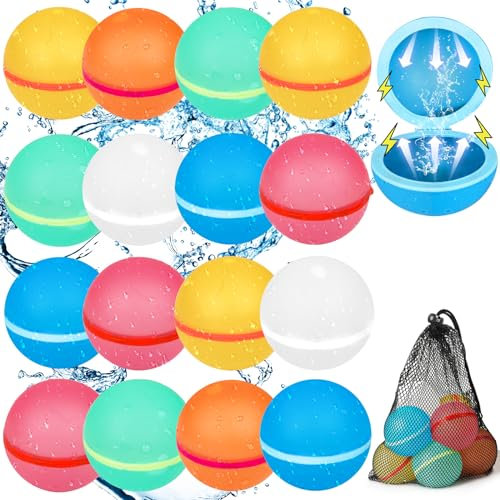 Parner 16 Stück Wasserbomben Wiederverwendbar Magnetisch mit 1 Mesh Bag, Silikon Wasserbomben Selbstschließend Wiederverwendba für Wasserspielzeug Strandspielzeug Pool Spielzeug