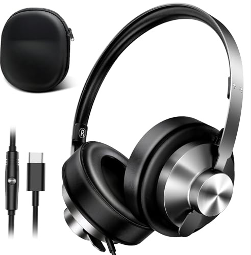 INFURTURE Retro Headphones Wired USB C Headphones Deep Bass HiFi Stereo | Over-Ear, Adjustable, Metal Frame Headphones for iPhone/ Samsung, 40mm Drivers, HD Mic, Type C Headphone for Men/Women gifts