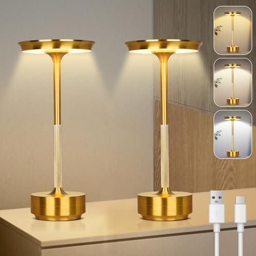 Rosnek Tischlampe Kabellose LED, 3 Farbtemperaturen Stufenlos Dimmbare Akku Tischleuchte, Touch Lampe mit USB-C, Gold Stylische Tischlampe Akku für Innen & Außenbereich, Metall Tischleuchte 2er-Set