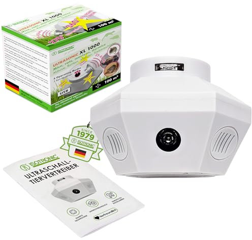 ISOTRONIC® Marderschreck mit Stecker - für 100 qm | Tradition seit 1979 | Mäuseabwehr für Dachboden, Haus, Lager, Garage, Carport | Anschluss an eine Steckdose | mit Ultraschall und LED-Licht (1)