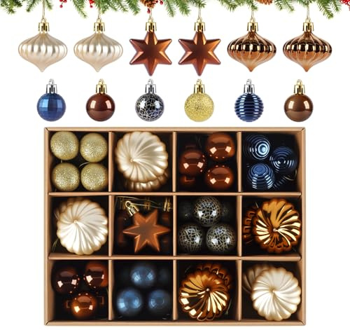 Agoer 52Pcs Christmas Baubles Luxury,3-5cm (1.18-1.97 Inch) Christmas Balls Ornaments Gold Copper and Dark Blue,Shatterproof Xmas Tree Ornaments,Hanging Balls for Holiday Wedding Party Decoration