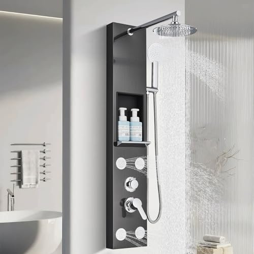 Duschpaneel mit Duschsäulensystem 5 in 1 Hydraulische Massage Duschsäule mit Regendusche Wandmontage mit Wasserfall Handbrause Hydromassage und Wannendüse Schwarz