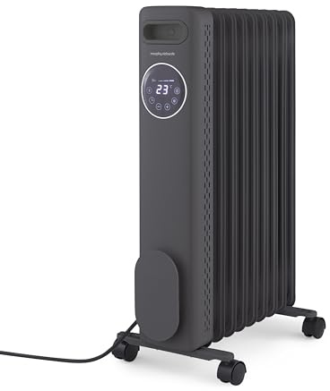 Morphy Richards HeatFlux Digital Oil Filled Radiator, Remote Control, 20m2 Coverage, LED Digital Touch Panel, Eco Mode, Personalised Warmth, Timer, Auto Switch Off, Cord Storage, 2kw, Grey, 827752