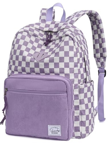 VASCHY Corduroy Backpack for Girls, Lightweight School Bag for Elementary, Middle & High School, Teen Bookbag, Women’s Casual Travel Daypack Purple Plaid